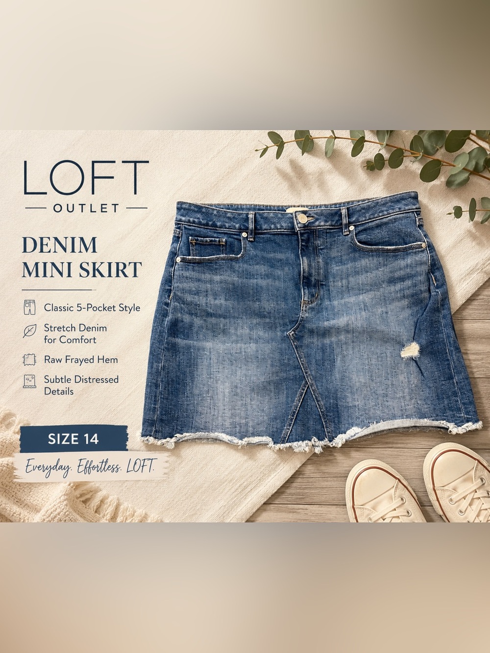 LOFT Outlet Denim Mini Skirt Size 14 Blue Distressed Raw Hem Stretch Jean Skirt